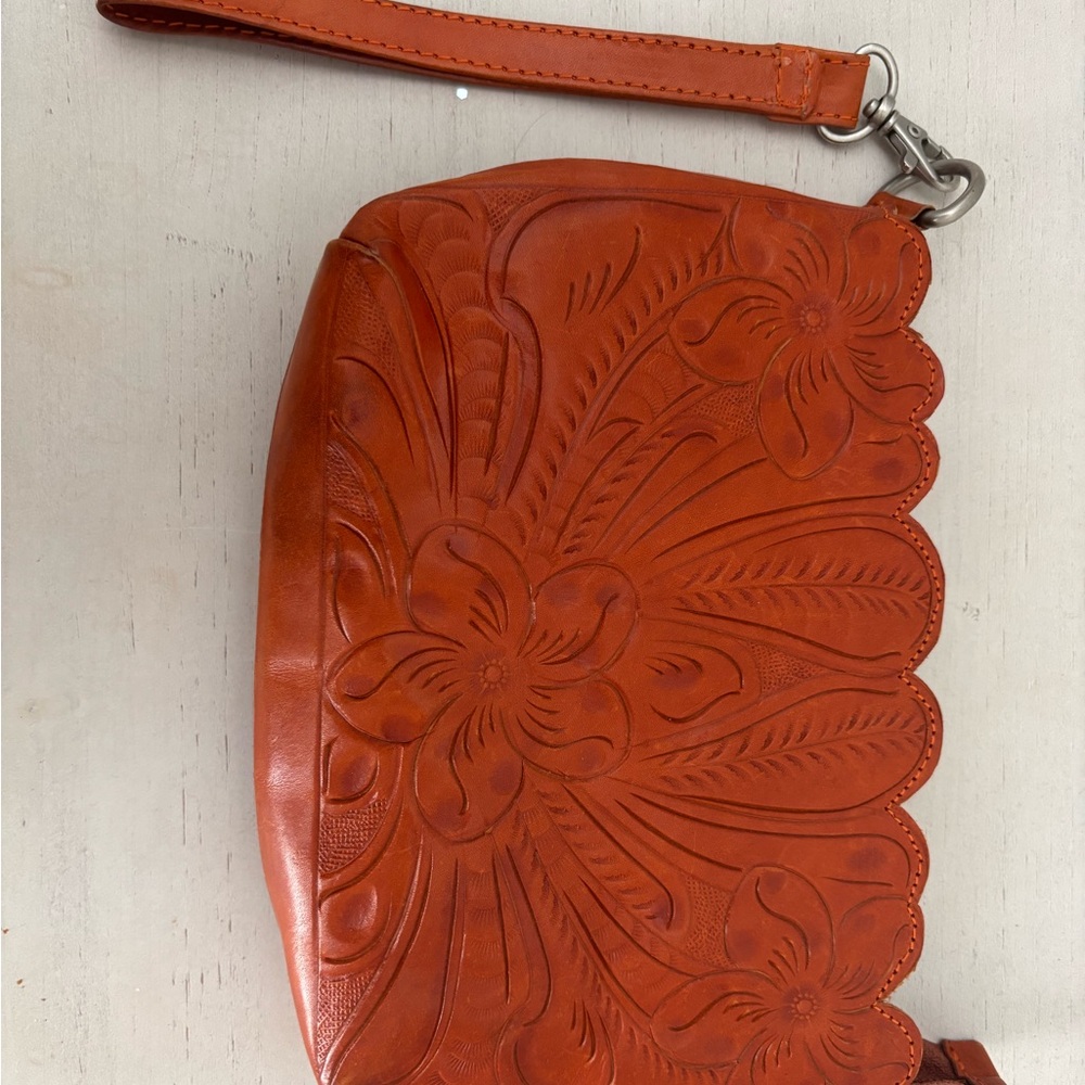 Chic Orange Floral Embossed Leather Clutch